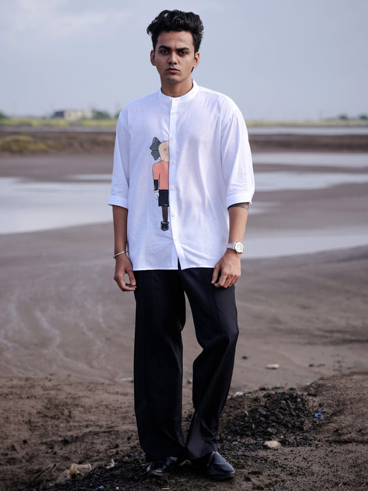 Trendy White Mandarin Collar Linen Cotton Shirt with Graphic Print