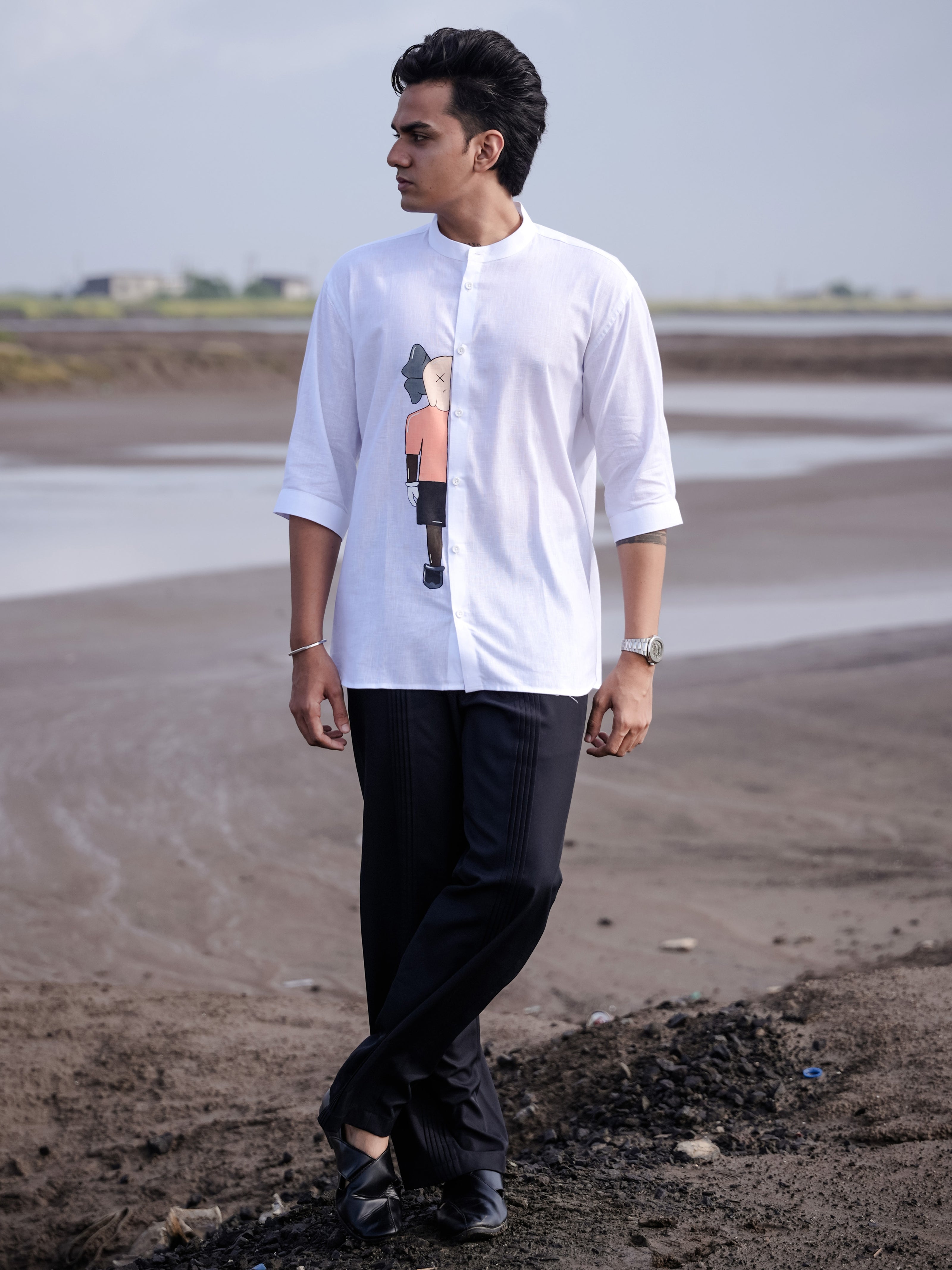 Trendy White Mandarin Collar Linen Cotton Shirt with Graphic Print