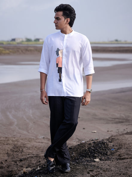 Trendy White Mandarin Collar Linen Cotton Shirt with Graphic Print