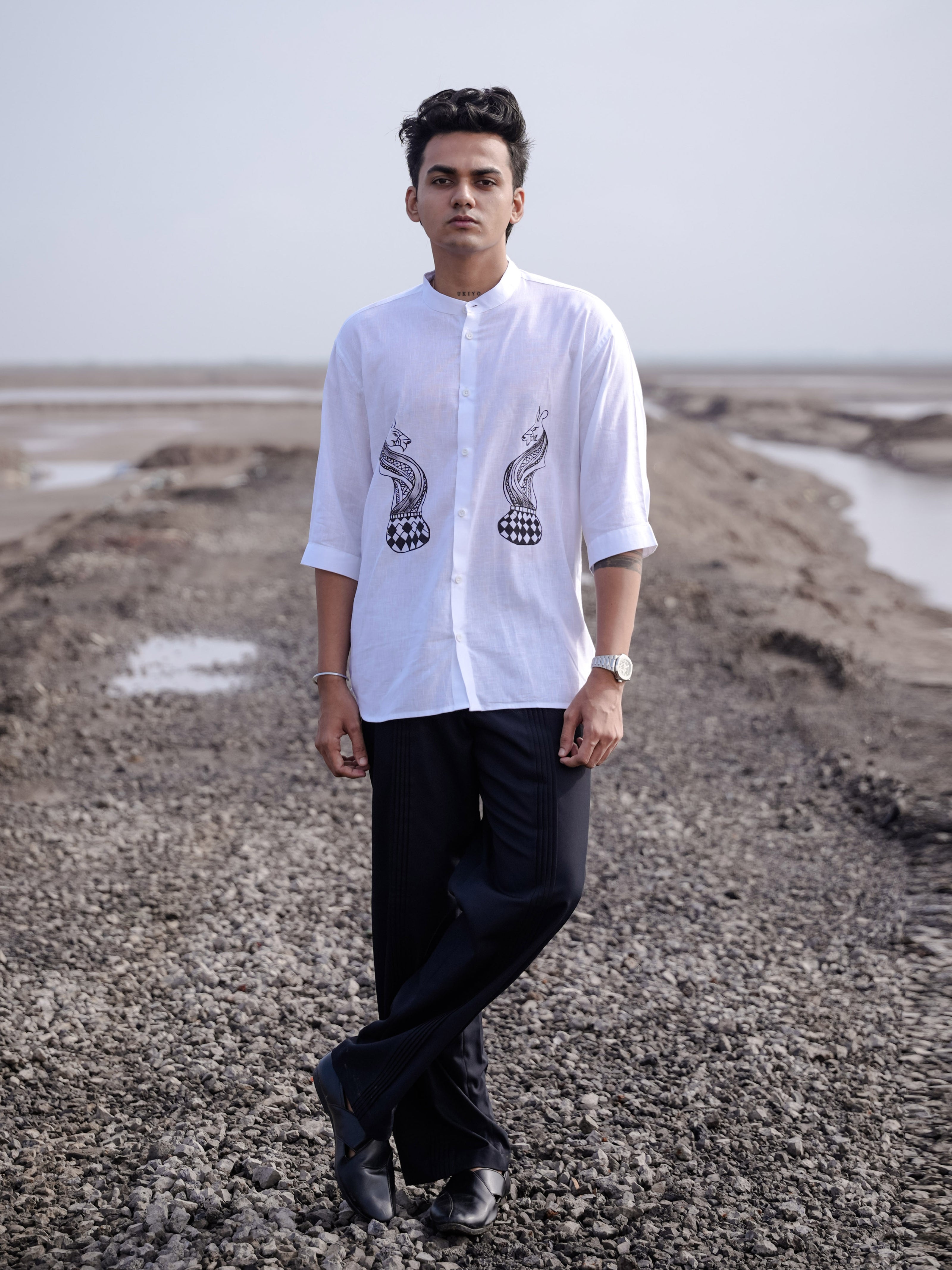 White Cotton Linen Shirt with Hand Painted Snake Print