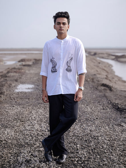 White Cotton Linen Shirt with Hand Painted Snake Print