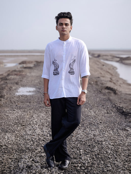 White Cotton Linen Shirt with Hand Painted Snake Print