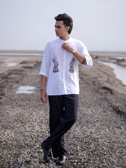 White Cotton Linen Shirt with Hand Painted Snake Print