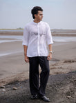 Modern Men’s Fashion White Mandarin Collar Hand Painted Cotton Linen Shirt