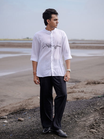 Modern Men’s Fashion White Mandarin Collar Hand Painted Cotton Linen Shirt