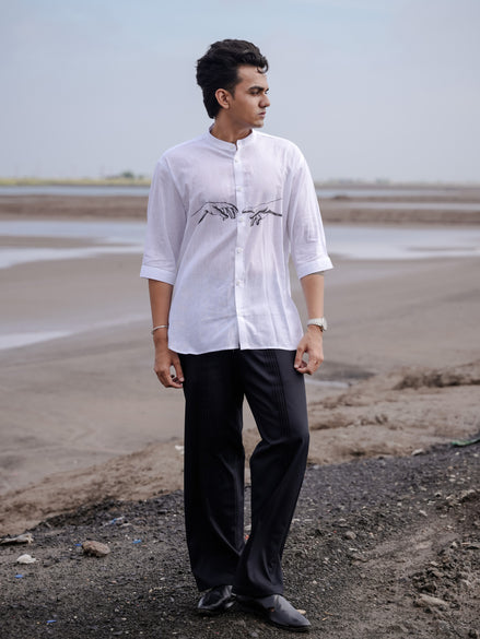 Modern Men’s Fashion White Mandarin Collar Hand Painted Cotton Linen Shirt