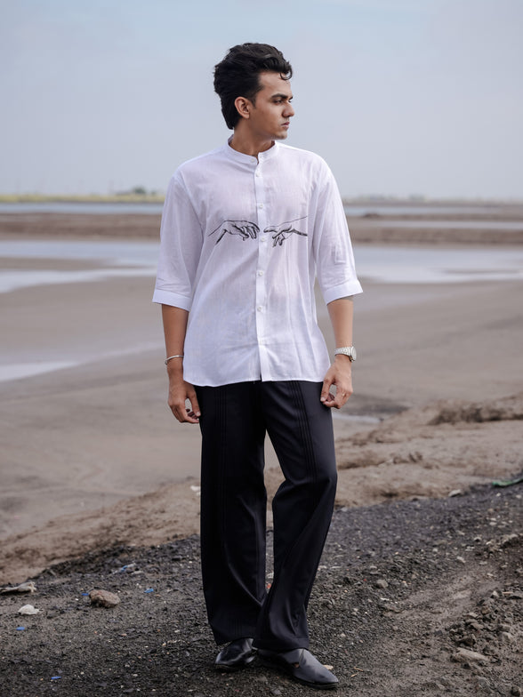 Modern Men’s Fashion White Mandarin Collar Hand Painted Cotton Linen Shirt