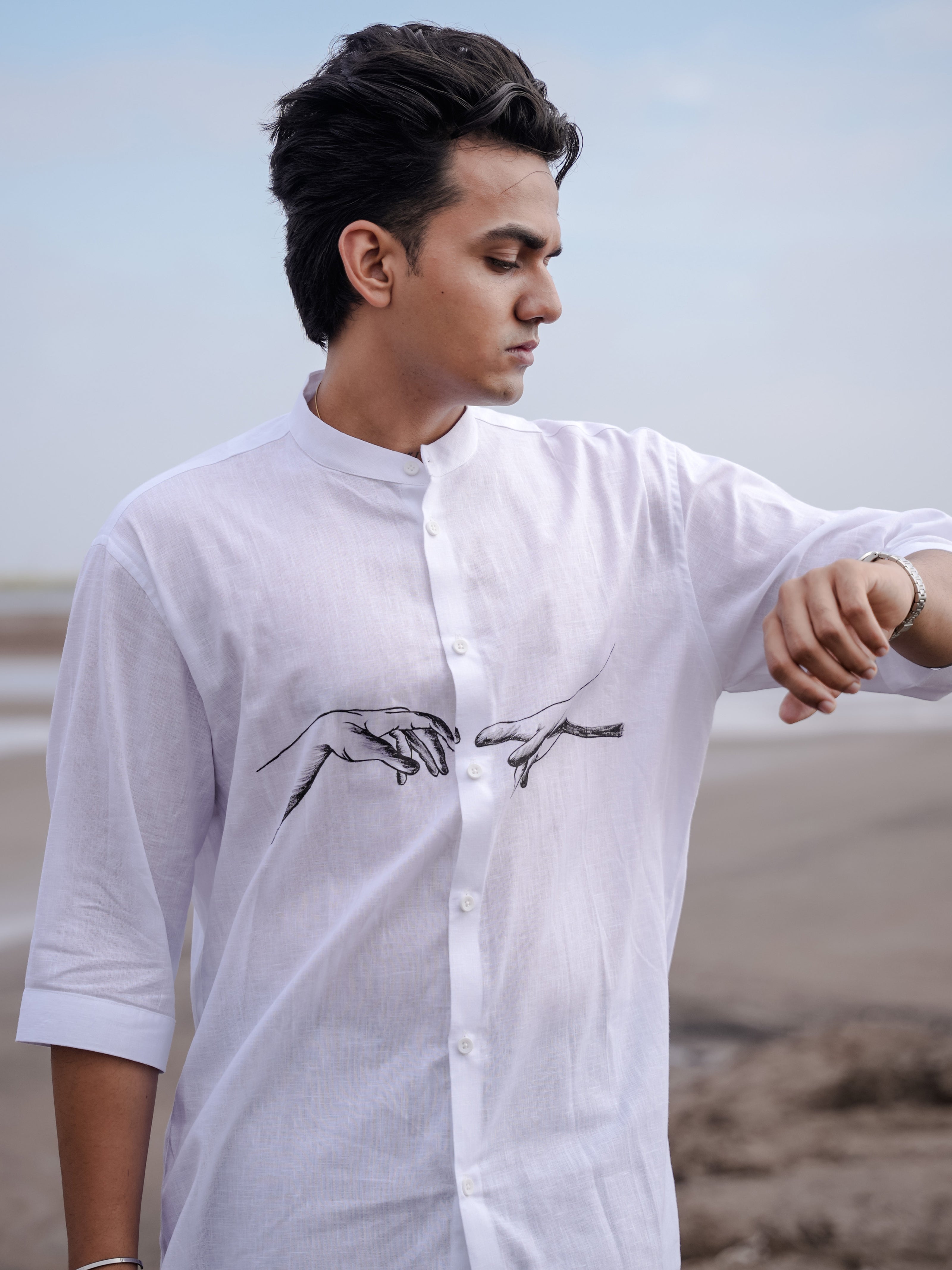 Modern Men’s Fashion White Mandarin Collar Hand Painted Cotton Linen Shirt