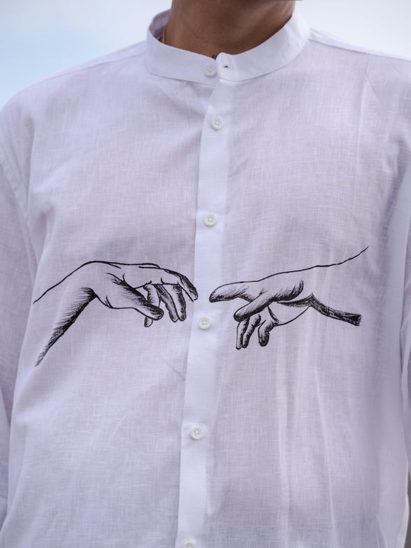 Modern Men’s Fashion White Mandarin Collar Hand Painted Cotton Linen Shirt