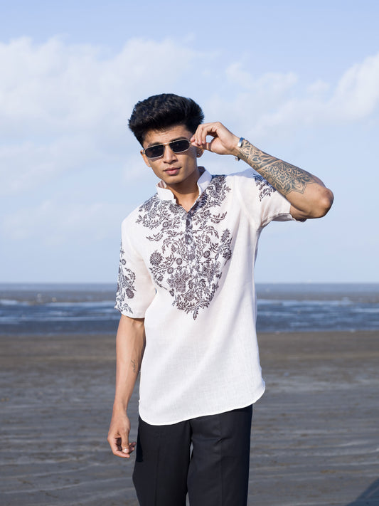 Men's Cream White Printed Short Shirt Kurta – Breezy Beach Style
