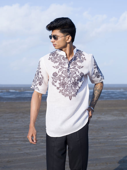 Men's Cream White Printed Short Shirt Kurta – Breezy Beach Style