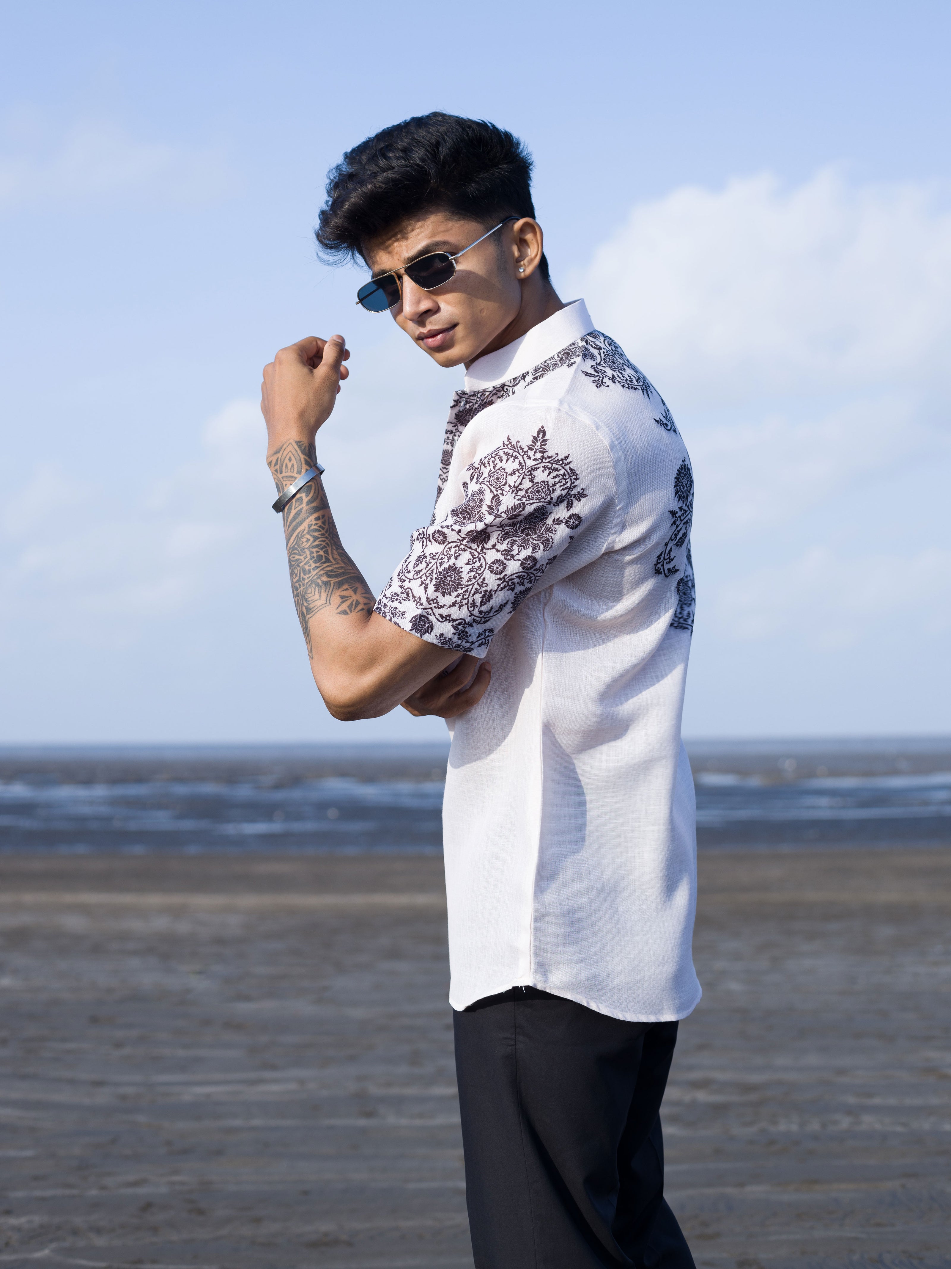Men's Cream White Printed Short Shirt Kurta – Breezy Beach Style