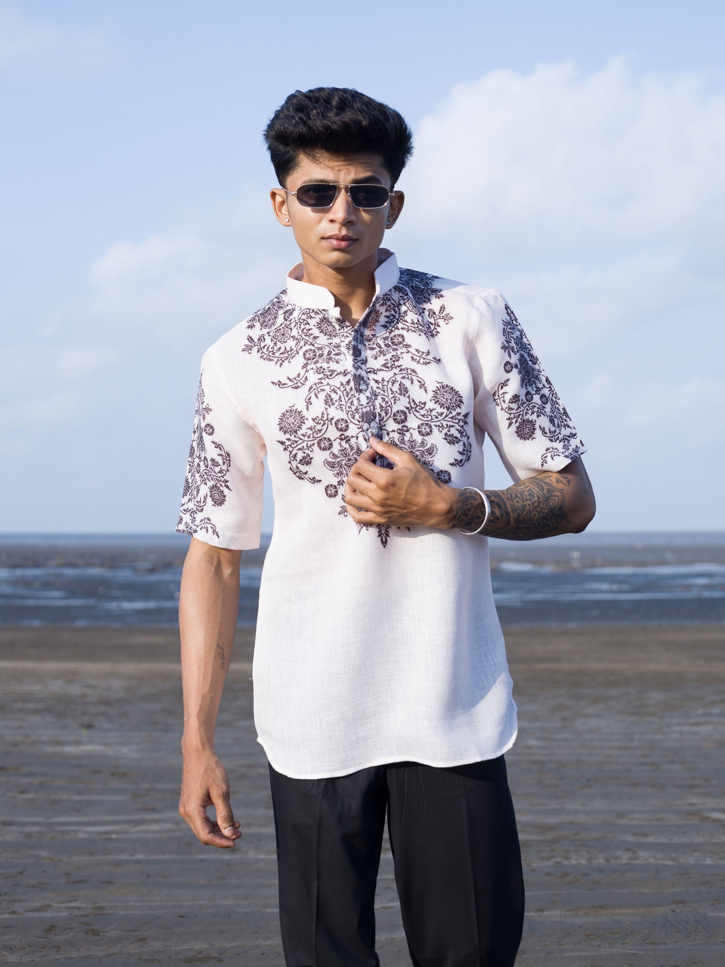 Men's Cream White Printed Short Shirt Kurta – Breezy Beach Style
