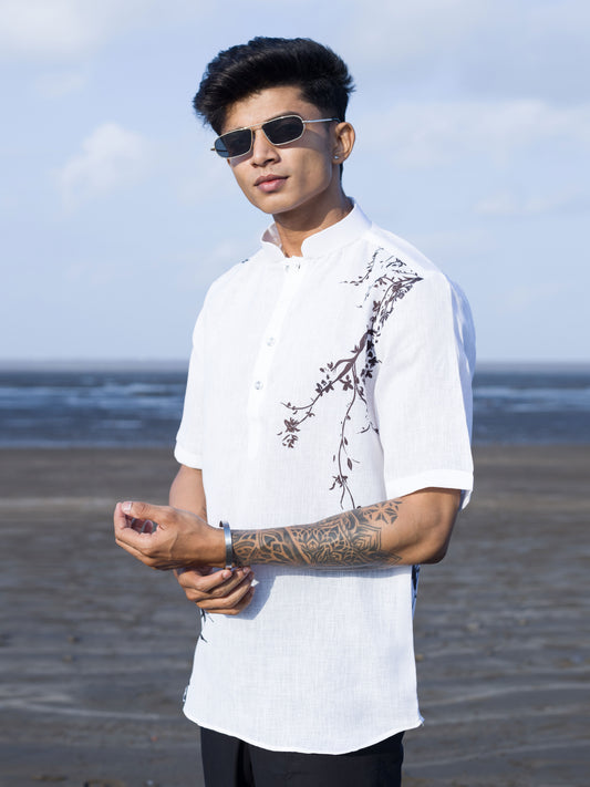 Men’s White Printed Shirt with Chinese Collar – Modern Ethnic Look