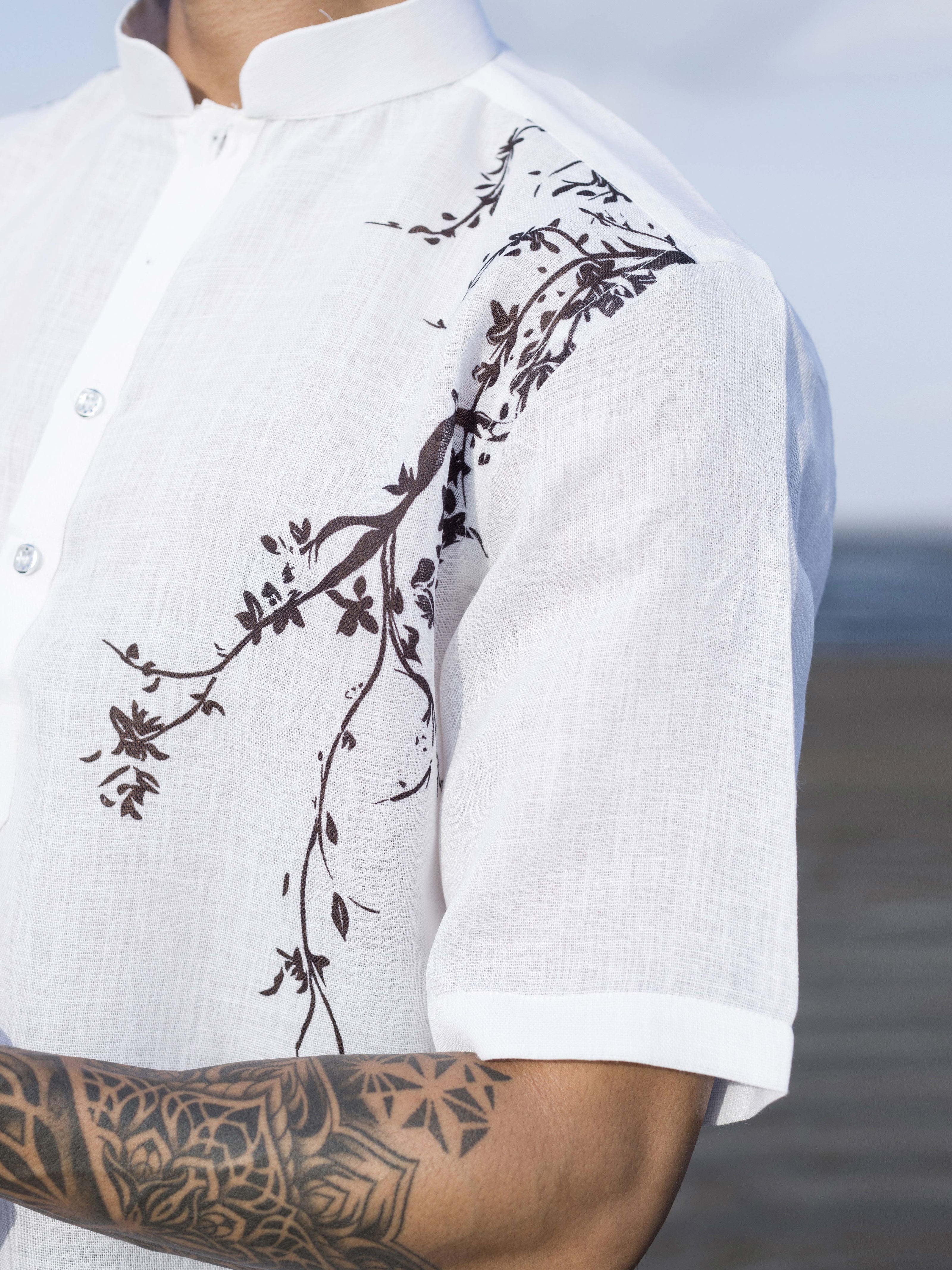 Men’s White Printed Shirt with Chinese Collar – Modern Ethnic Look