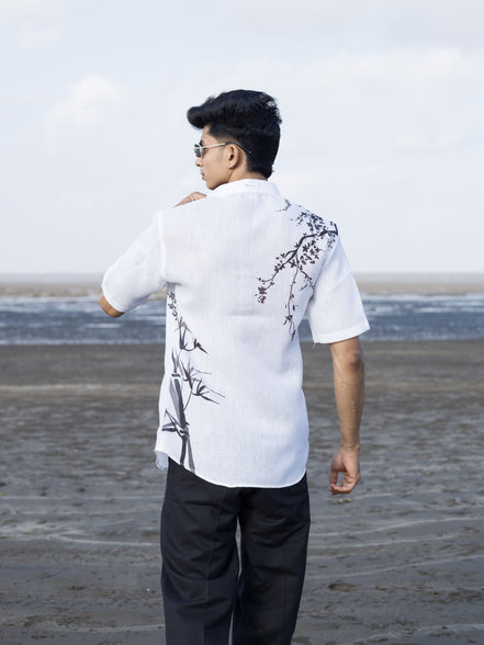 Men’s White Printed Shirt with Chinese Collar – Modern Ethnic Look