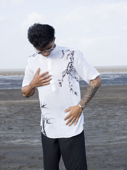 Men’s White Printed Shirt with Chinese Collar – Modern Ethnic Look