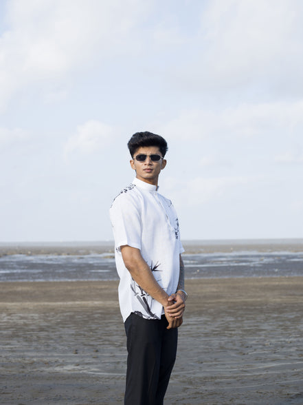 Men’s White Printed Shirt with Chinese Collar – Modern Ethnic Look