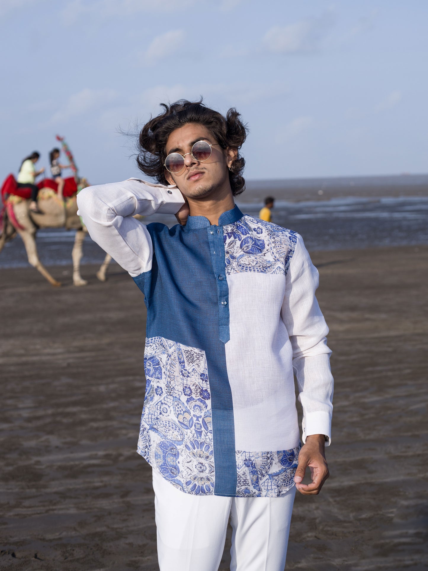 Elegant Blue & White Fusion Shirt for Men | Beachwear Style