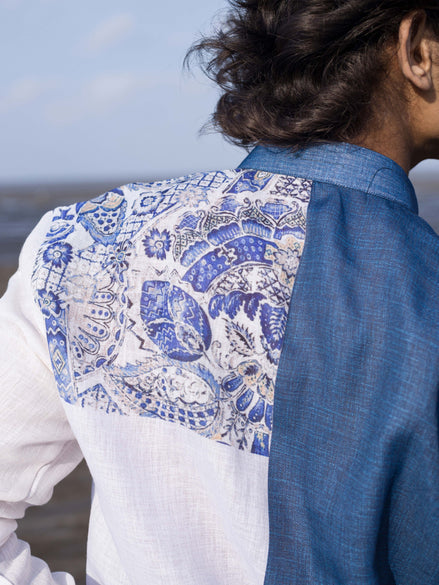 Elegant Blue & White Fusion Shirt for Men | Beachwear Style