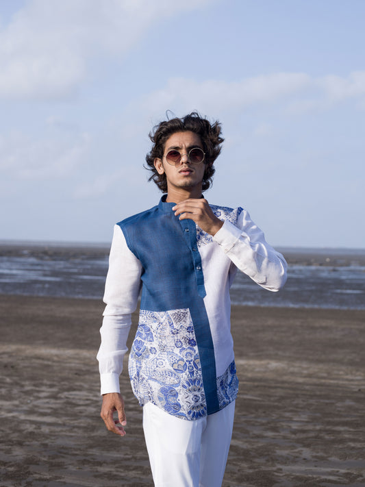 Elegant Blue & White Fusion Shirt for Men | Beachwear Style