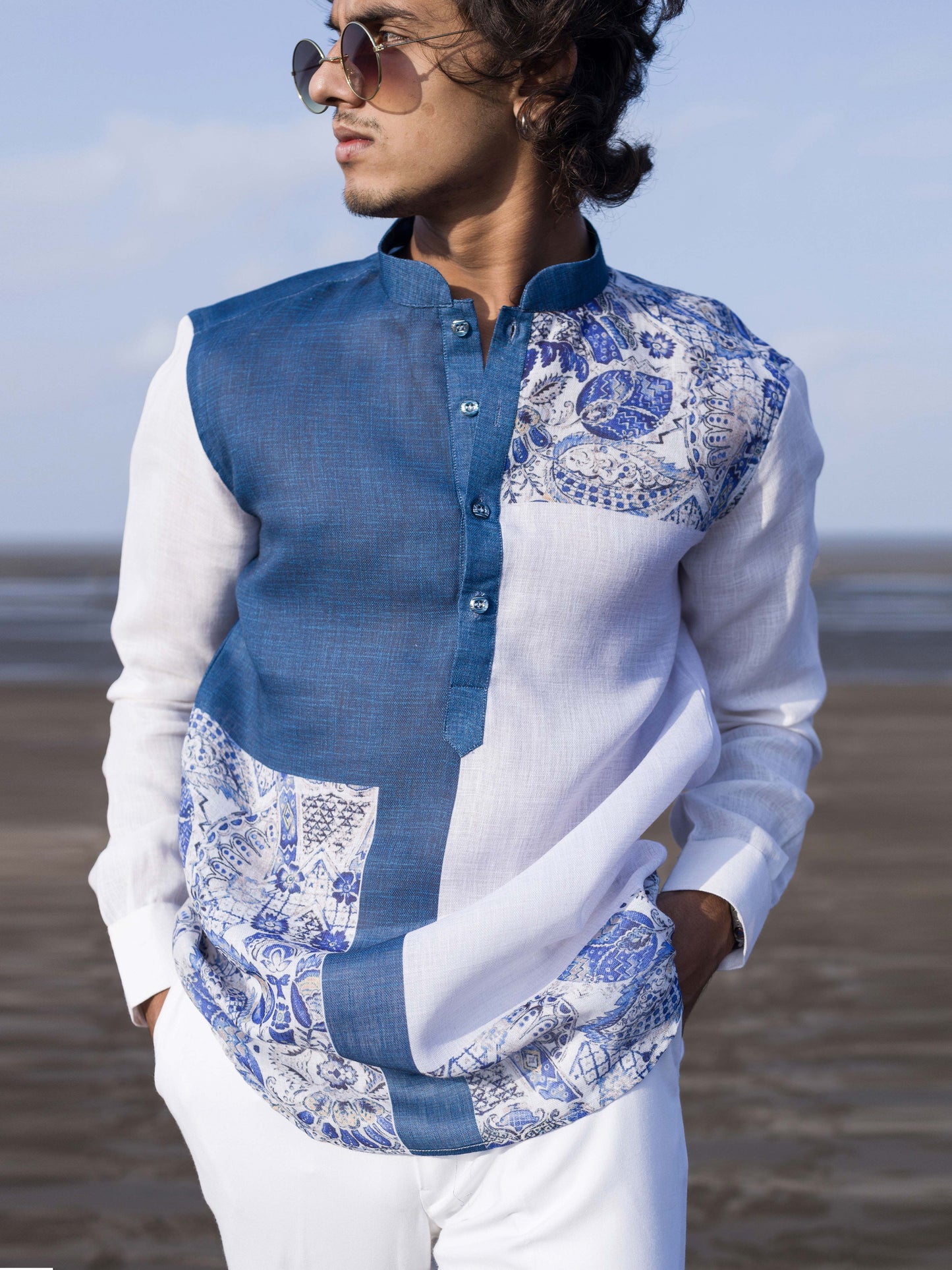 Elegant Blue & White Fusion Shirt for Men | Beachwear Style