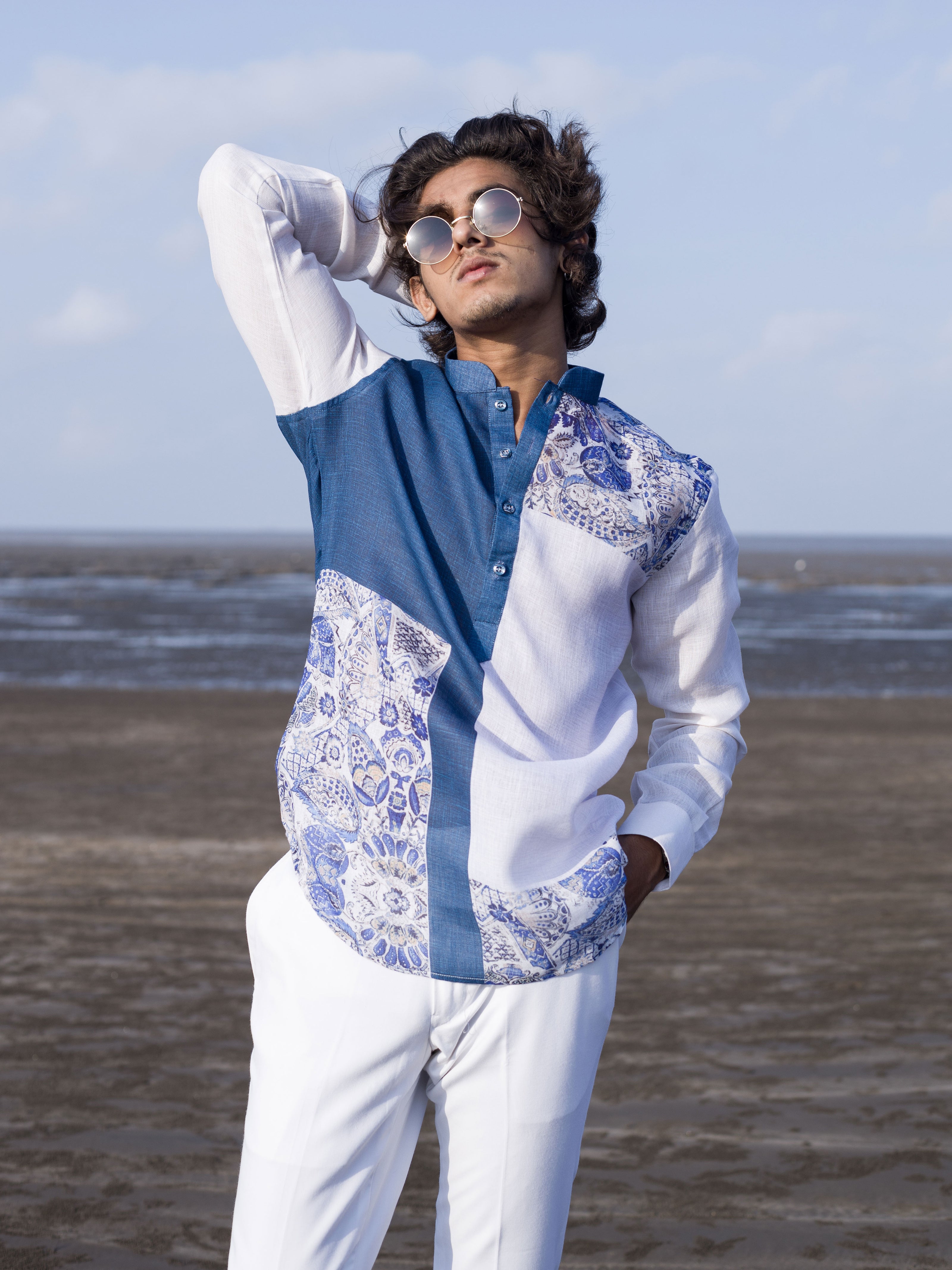 Elegant Blue & White Fusion Shirt for Men | Beachwear Style