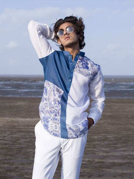 Elegant Blue & White Fusion Shirt for Men | Beachwear Style