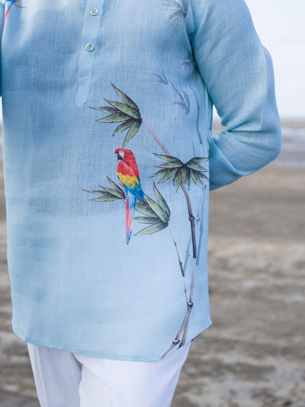 Tropical-Inspired Sky Blue Linen Shirt for Men – Summer Beachwear Look