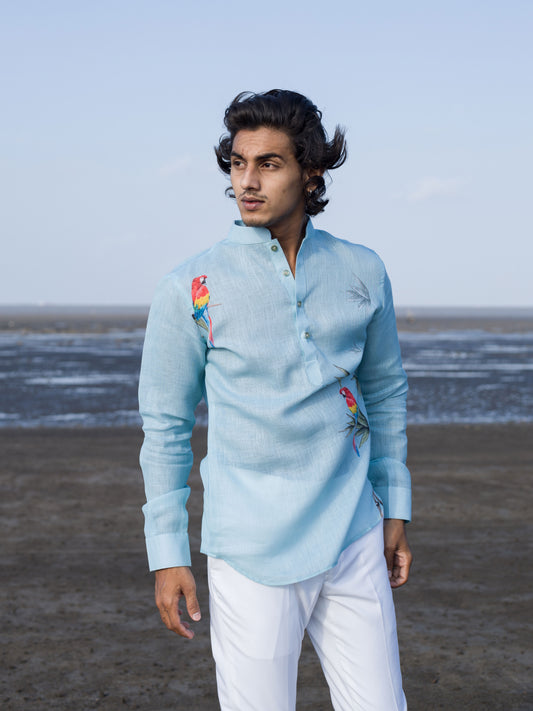 Tropical-Inspired Sky Blue Linen Shirt for Men – Summer Beachwear Look