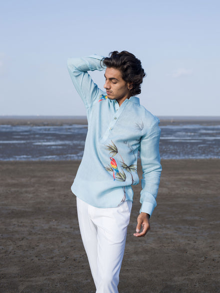 Tropical-Inspired Sky Blue Linen Shirt for Men – Summer Beachwear Look