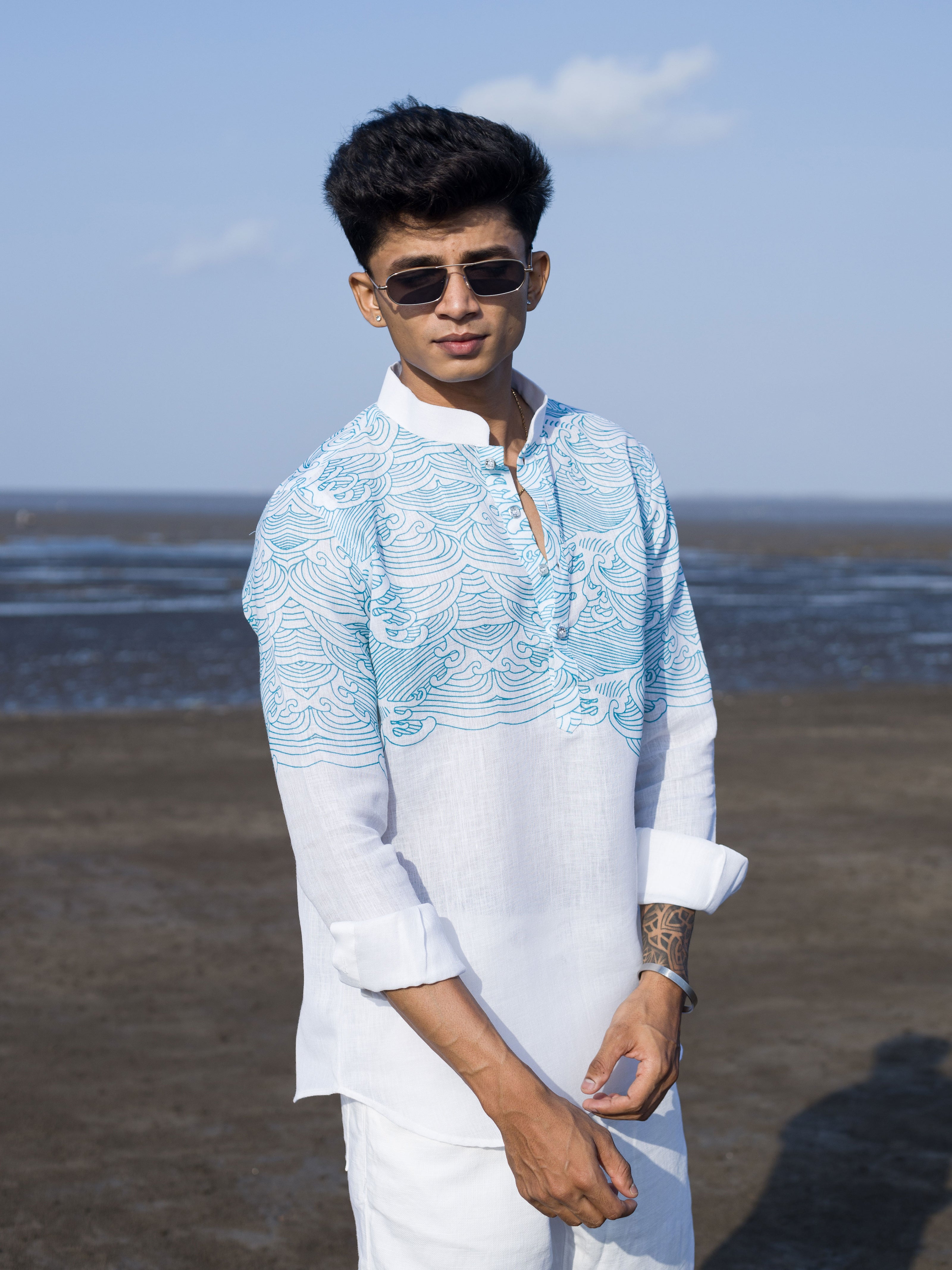 Elegant White Linen Shirt with Ocean Wave Print – Style for Men