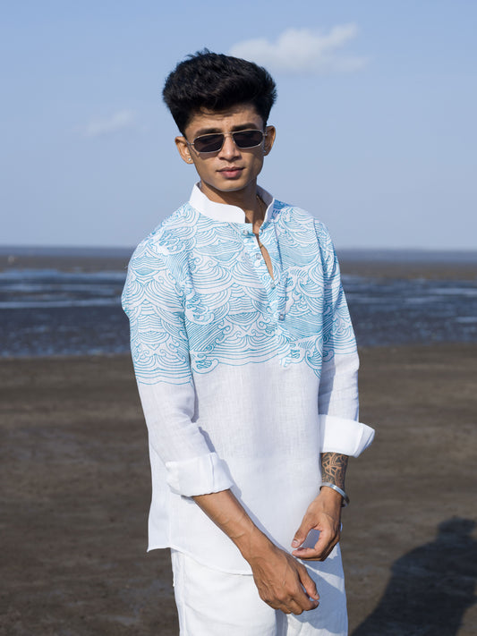 Elegant White Linen Shirt with Ocean Wave Print – Style for Men