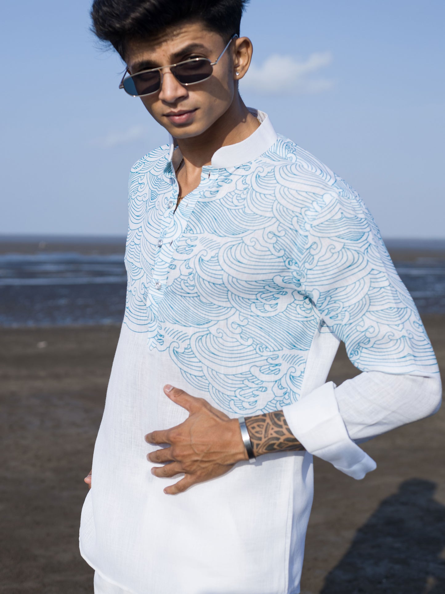 Elegant White Linen Shirt with Ocean Wave Print – Style for Men