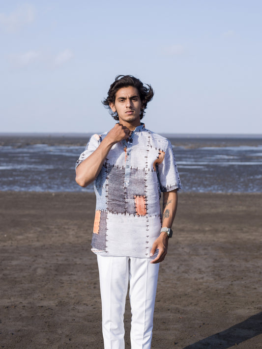 Modern Men’s Linen Shirt with Abstract Patchwork Print