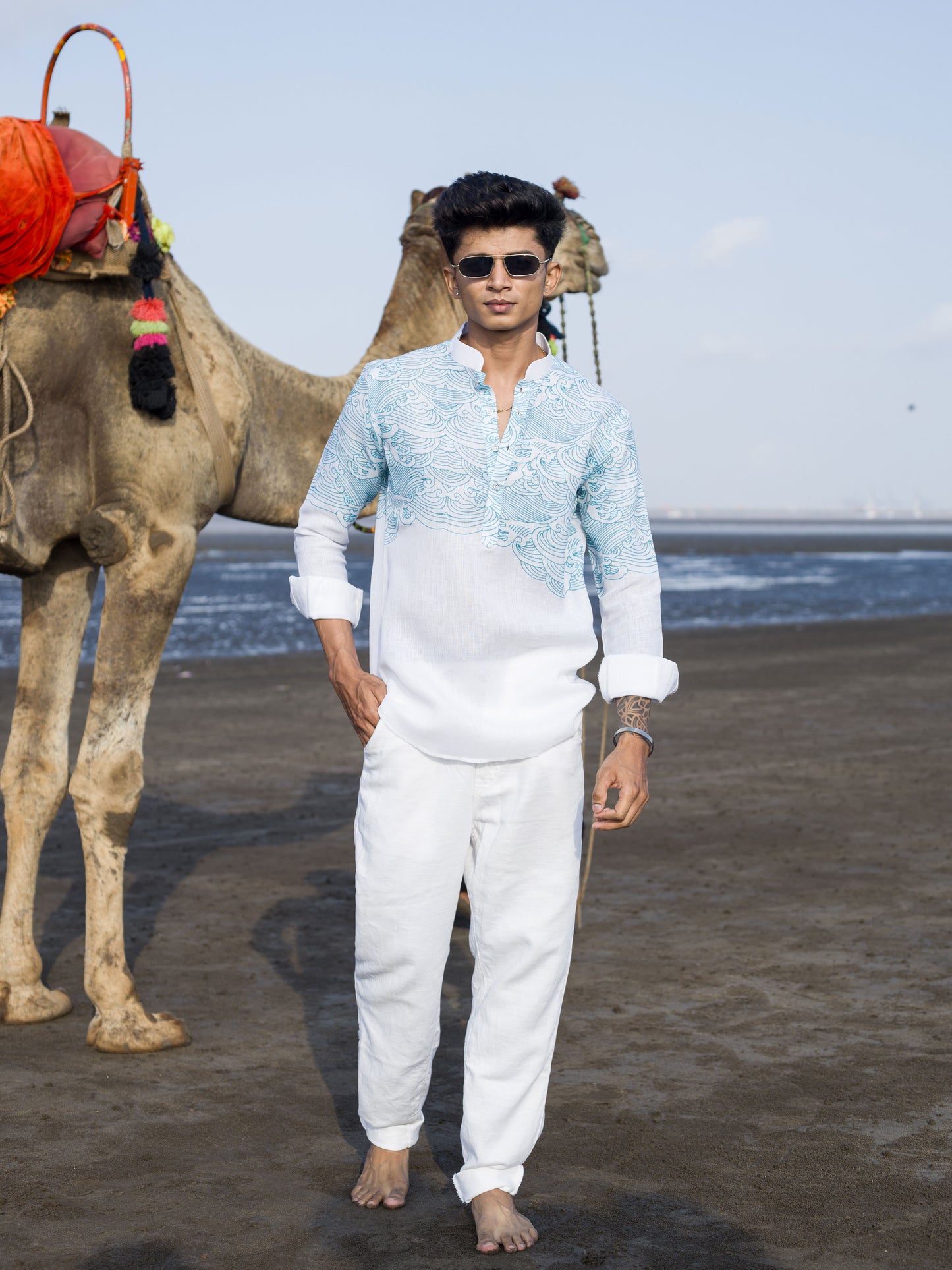 Elegant White Linen Shirt with Ocean Wave Print – Style for Men