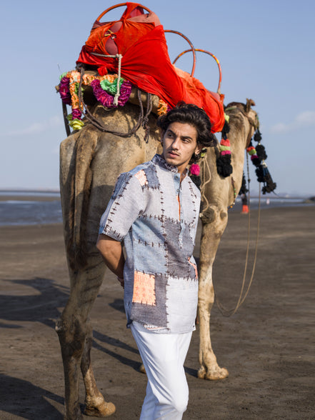 Modern Men’s Linen Shirt with Abstract Patchwork Print
