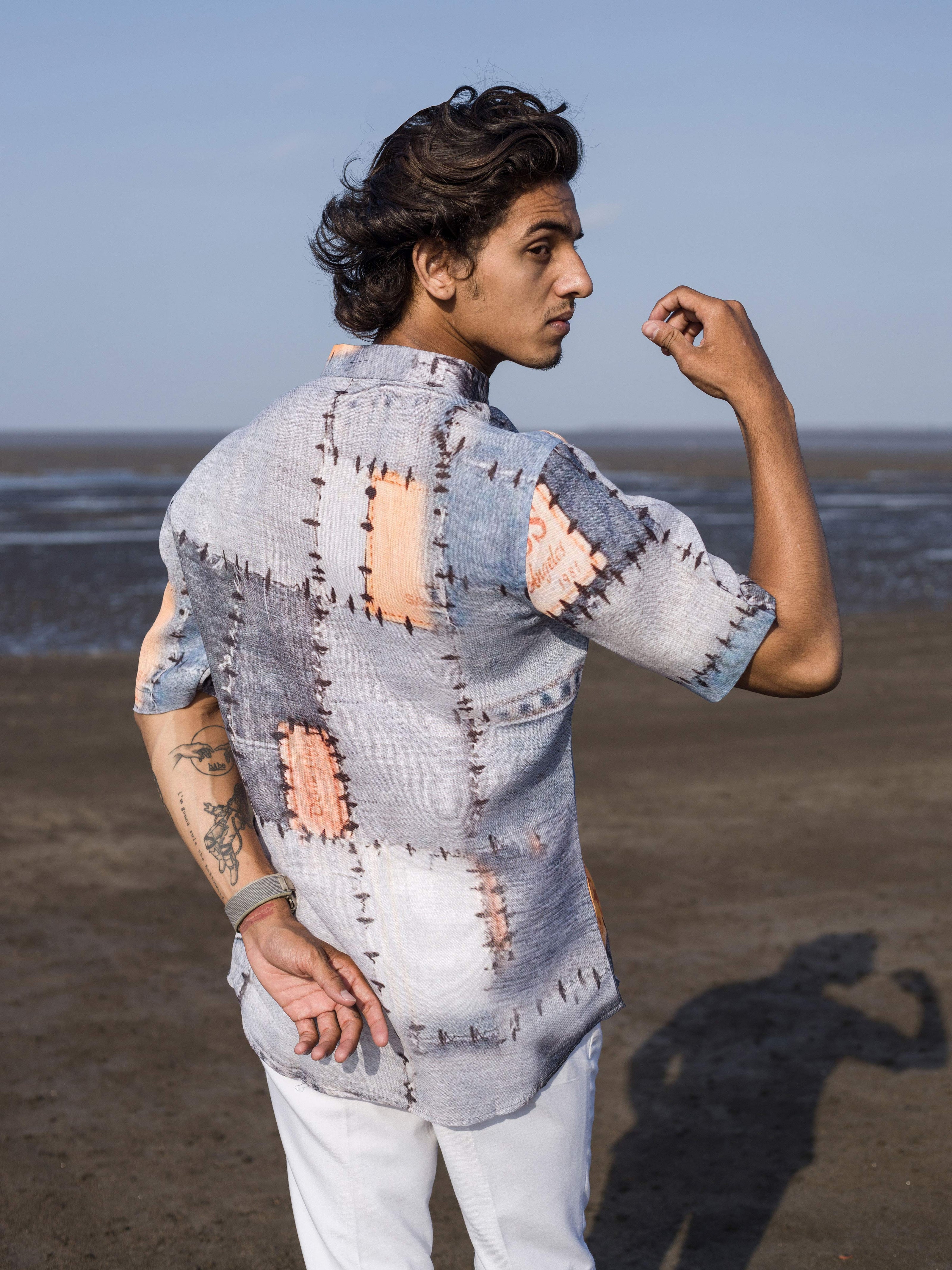 Modern Men’s Linen Shirt with Abstract Patchwork Print