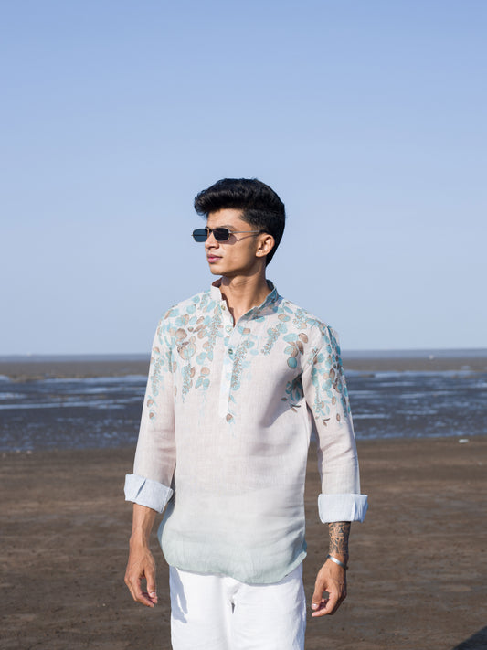 Cream Floral Print Beachwear Linen Shirt – Lightweight & Stylish Summer Wear