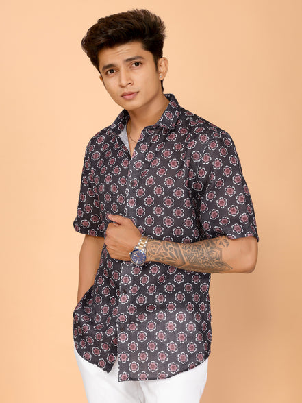 Black Aesthetic Floral Print Linen Shirt – Chic & Versatile Summer Style