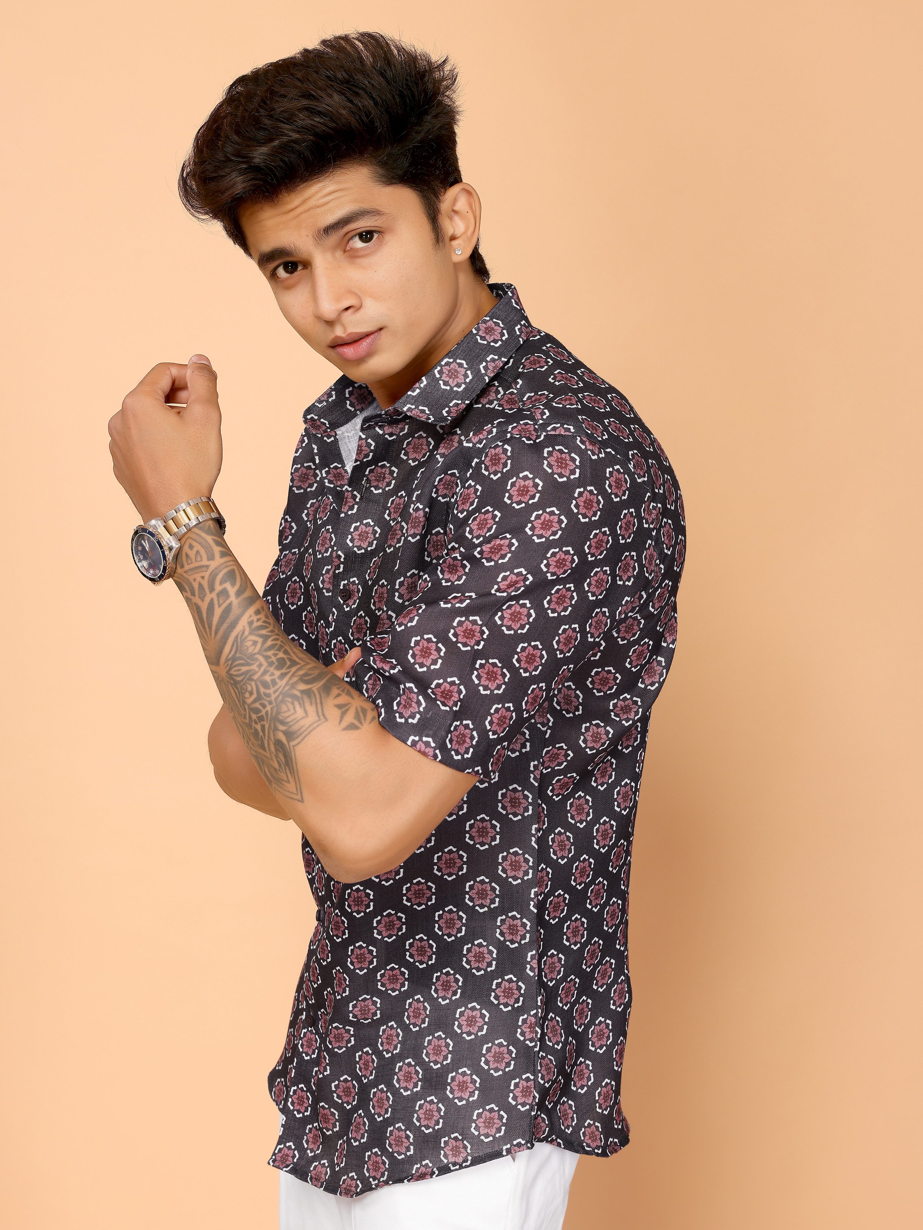 Black Aesthetic Floral Print Linen Shirt – Chic & Versatile Summer Style