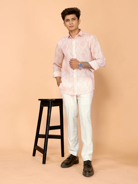 Comfortable Summer Essential Light Red Abstract Print Linen Shirt