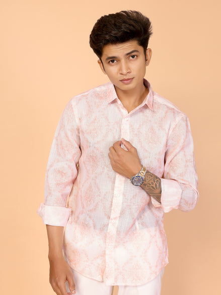 Comfortable Summer Essential Light Red Abstract Print Linen Shirt