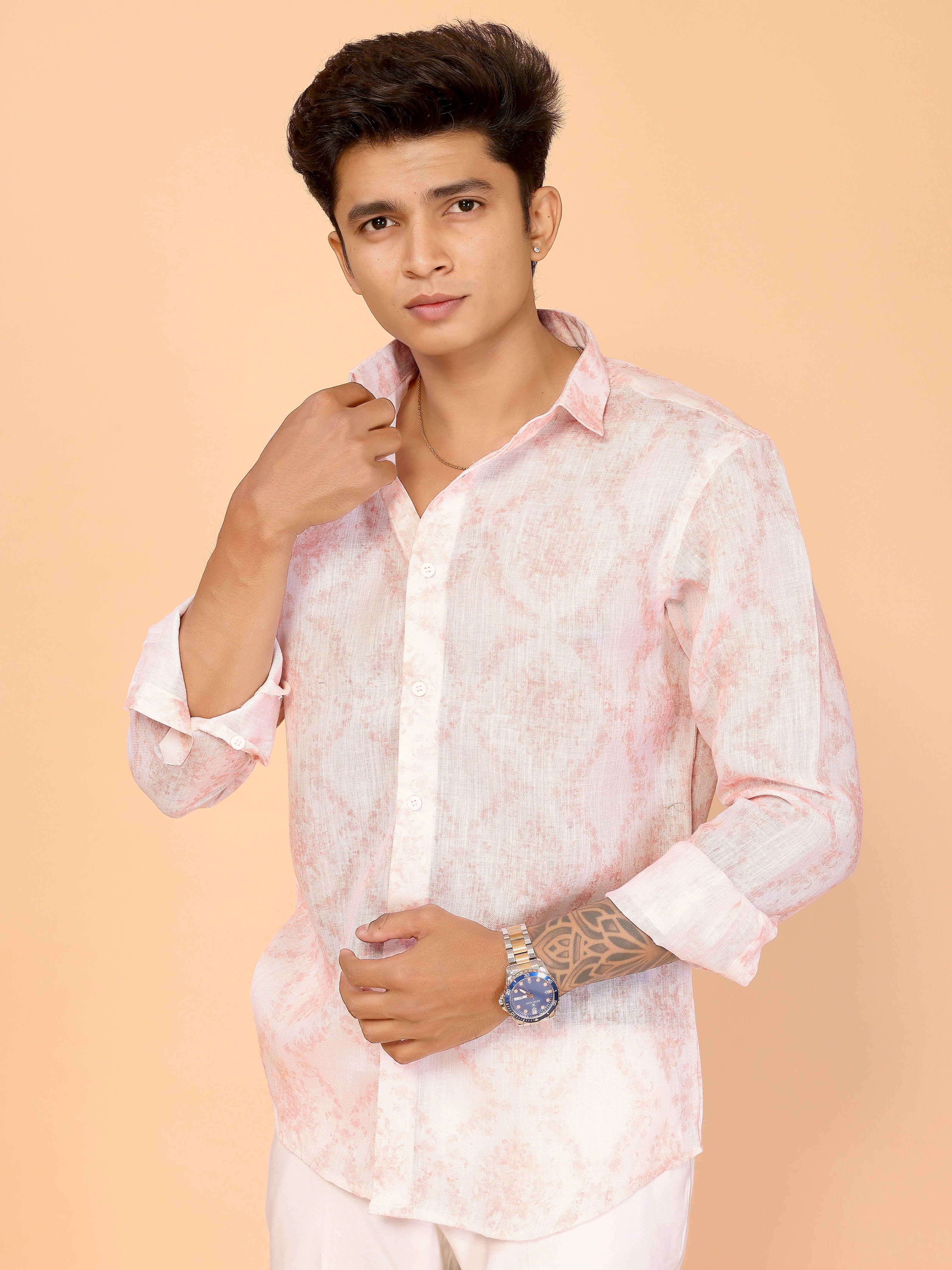Comfortable Summer Essential Light Red Abstract Print Linen Shirt