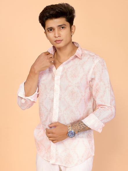 Comfortable Summer Essential Light Red Abstract Print Linen Shirt
