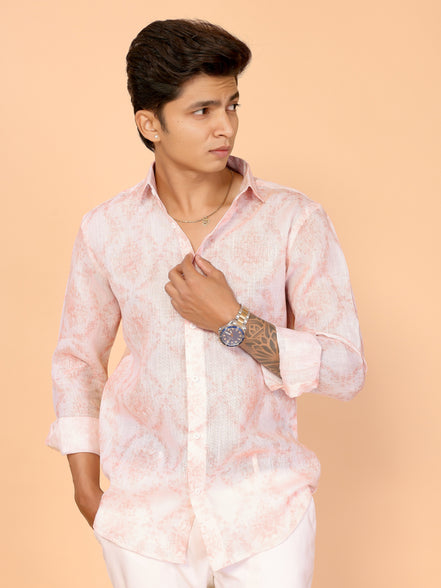 Comfortable Summer Essential Light Red Abstract Print Linen Shirt