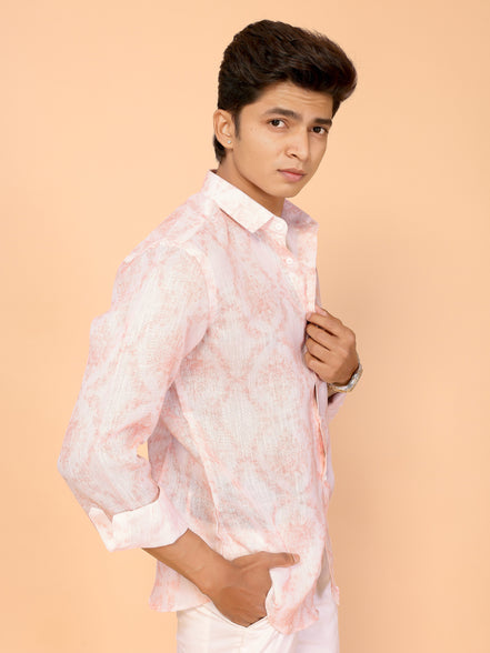 Comfortable Summer Essential Light Red Abstract Print Linen Shirt