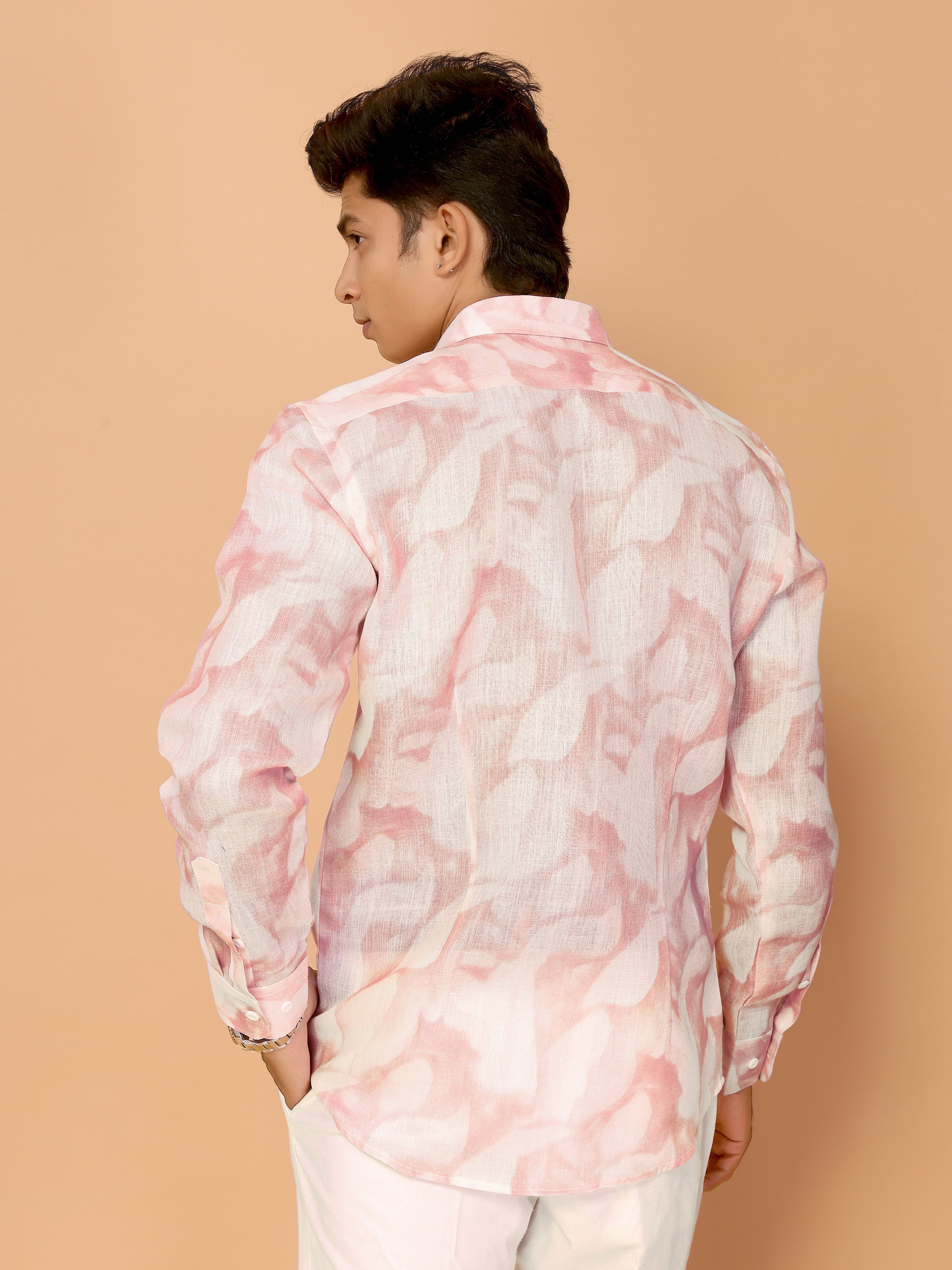 Comfortable Summer Essential Light Red Abstract Print Linen Shirt
