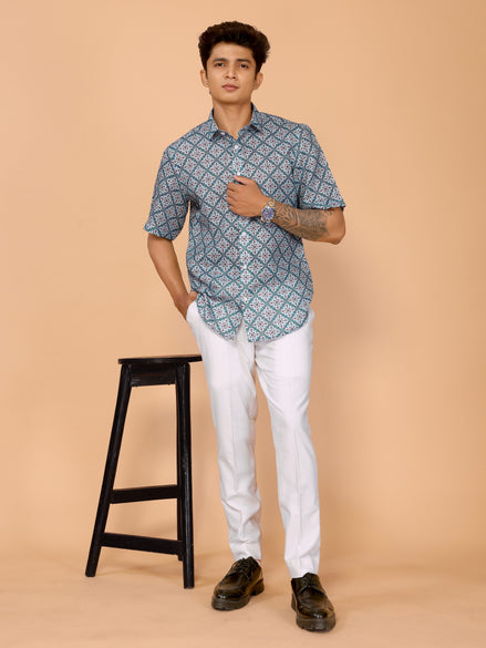 Cyan Blue Printed Linen Shirt – Fresh & Stylish Summer Essential