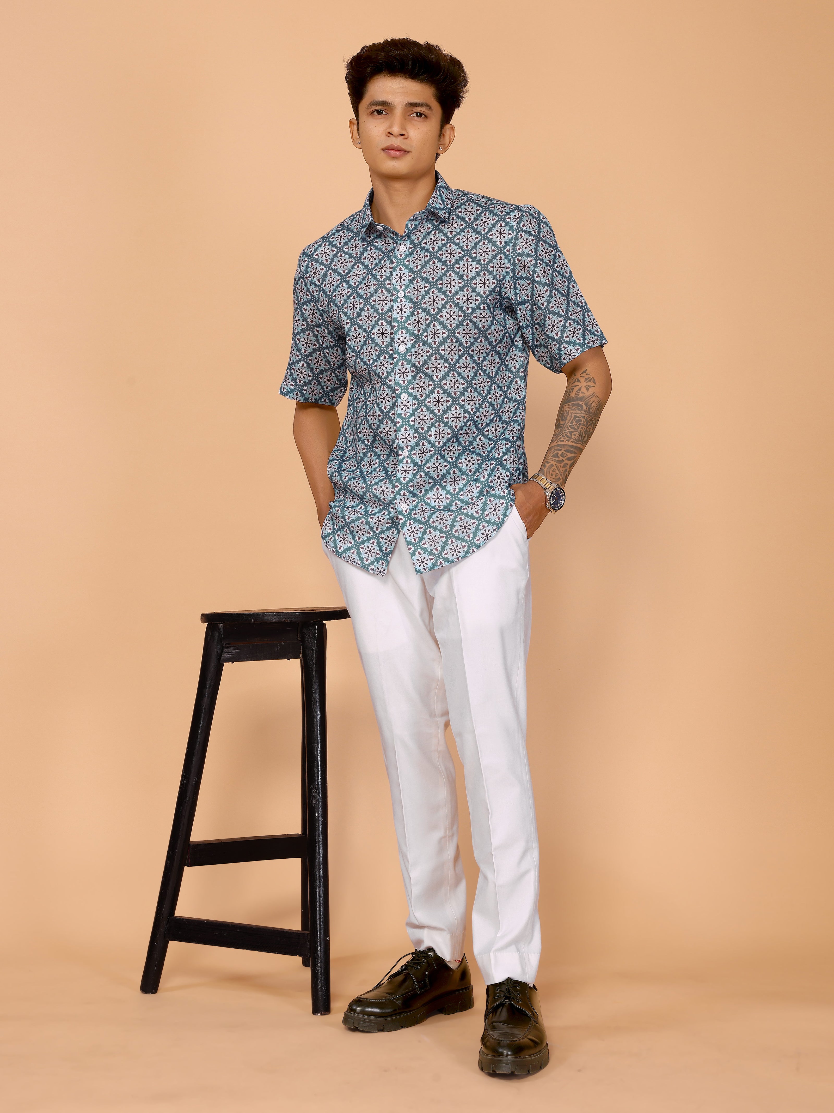 Cyan Blue Printed Linen Shirt – Fresh & Stylish Summer Essential